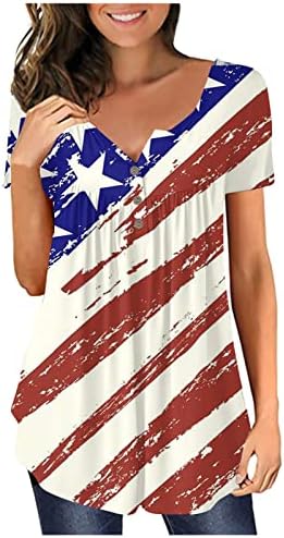 יום העצמאות לנשים הדפסת שרוול קצר צמרות כפתור רופף מזדמן מטה חולצה קפלים על חולצות קפלים