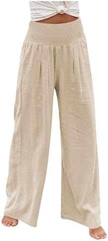 מכנסי Iaqnaocc לנשים, מכנסי מותניים גבוהים של כותנה כותנה רחבה עם כיסים