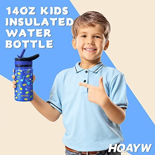 HQAYW 18/8 בקבוק מים לילדים נירוסטה, בקבוקי מים מבודדים 14oz עם קש, בקבוק מים לבנים לבית הספר, בקבוק