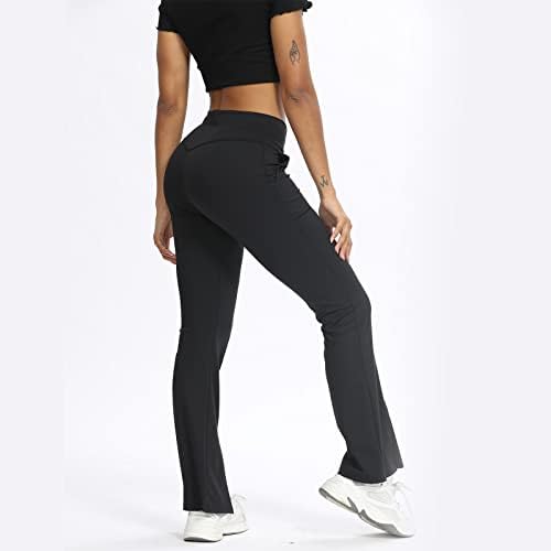 מכנסי יוגה התלקחות חדשים לנשים קרוסאובר חותלות עם מותן גבוה במותניים עם כיסים מפוצלים קדמיים אימון רגל
