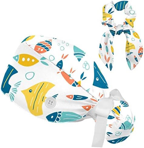 כובעים רפואיים של Muooum כובע עבודה מתכוונן עם כפתורים ושיער קשת כוכבי ים עולמיים מתחת למים