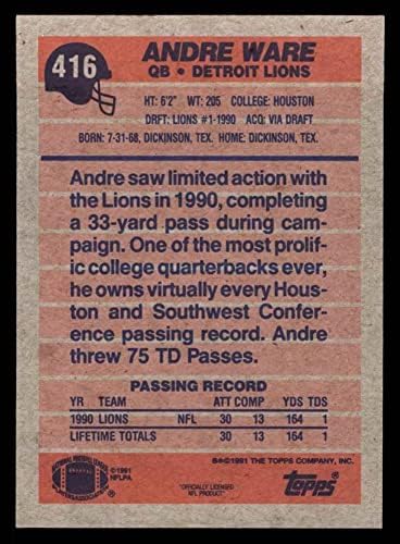 1991 Topps 416 Andre Ware Detroit Lions NM/MT Lions UH