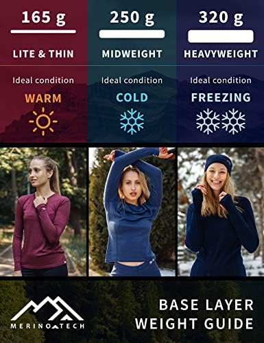 Merino.Tech Merino Wool Layer Layer נשים - מרינו חצי סוודר סוודר אמצע, חולצות תרמיות במשקל כבד