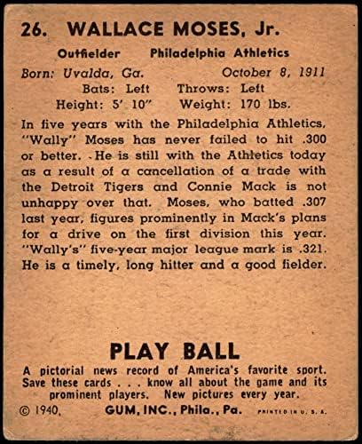 1940 משחק כדור 26 וואלי מוזס פילדלפיה אתלטיקה VG/EX STOLLETY