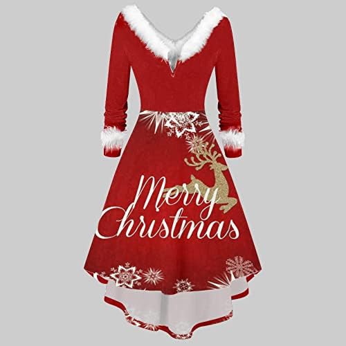 חמוד איילים גרפי חג המולד שמלת נשים ארוך שרוול פרוותי צוואר ערב המפלגה שמלה גבוהה נמוך קוקטייל חג המולד