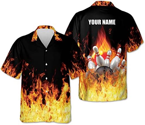 LEEVUS להבה בהתאמה אישית חולצת באולינג עם שם, חולצת באולינג אש, חולצות הוואי מכופתרות באולינג, מתנות