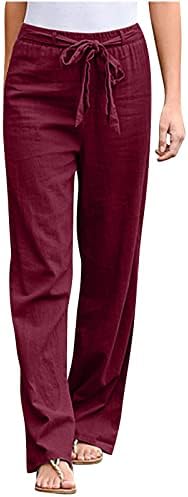 פשתן מכנסיים נשים, רגיל גבוהה מותן פאלאצו רך שרוך כותנה פשתן מכנסיים עם כיסים קל משקל מכנסיים נשים