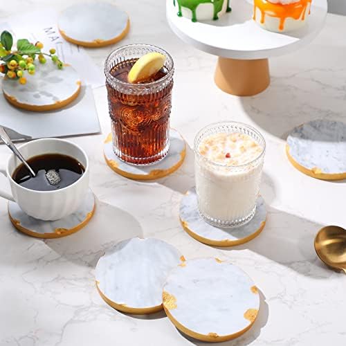 8 חתיכות תחתיות שיש תחתיות עגולות טבעיות עם קצוות זהב תחתיות לבנות תחתיות מודרניות למשקאות יין קפה שולחן