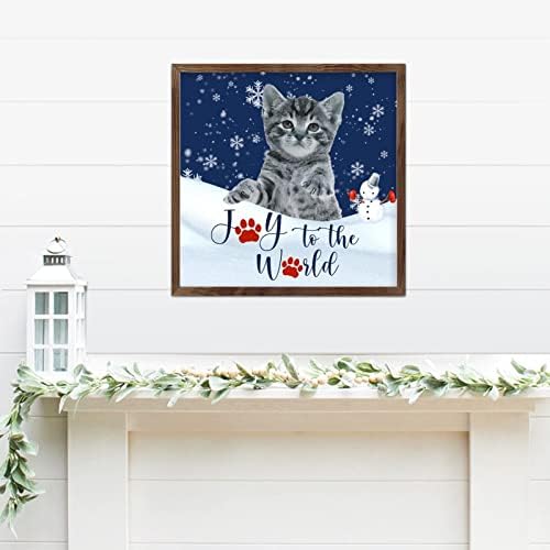שלטי קיר לחג המולד שמחה לעולם שלג חתול חמוד מסגרת עץ וינטג
